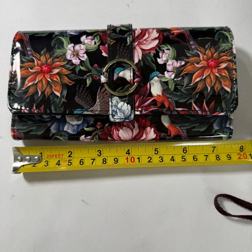 Mundi Black Floral Bird Patent Leather RFID Wallet Cash Coupons Receipts NWOT